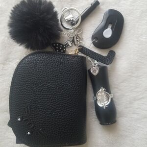 Black Faux Leather Cat Wallet Keychain